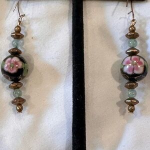 Vintage earrings glass beads floral black pink and blue flowers